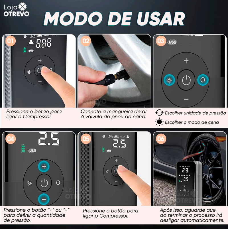 Compressor De Ar Digital Portátil (Calibrador de Pneus) DigiRoda®