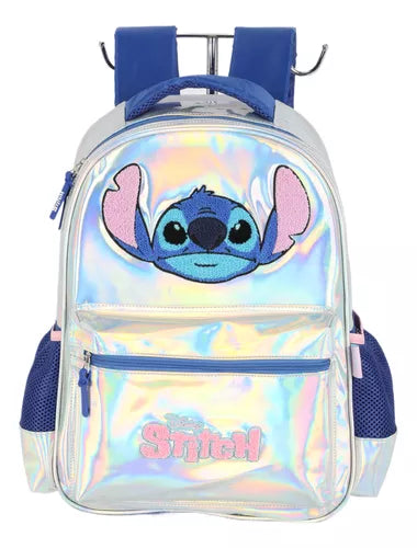 Kit Mochila com Lancheira e Estojo Stitch Prata Holografica