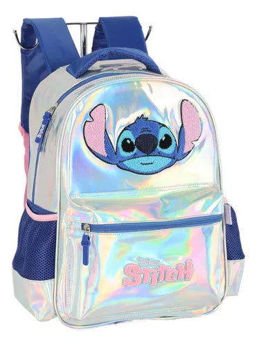 Kit Mochila com Lancheira e Estojo Stitch Prata Holografica